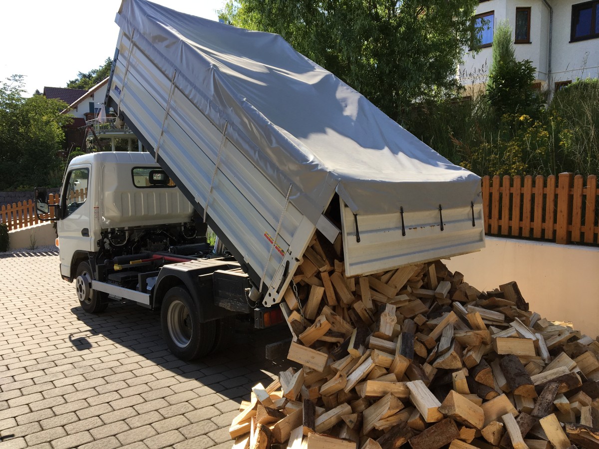 Brennholz Lieferung mit FUSO Kipp LKW