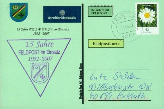 Motiv: Streitkräftebasis 15 Jahre Feldpost Beschriftung "Deutsche Post AG - Feldpost Bonn" erstmalig