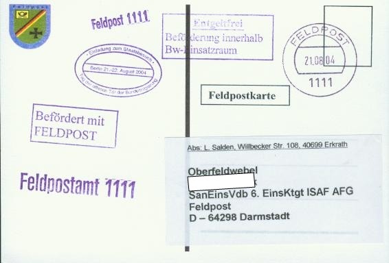 Motiv: weiße Karte,  FpA  Berlin 2004 kleines Feldpostwappen und keine schwarze Umrandung