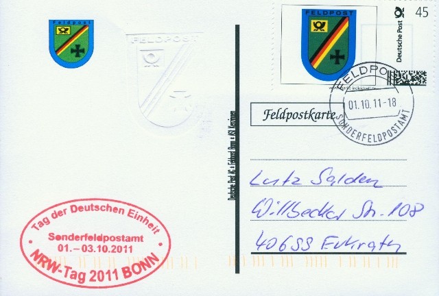 Rückseite: "Deutsche Post Feldpost Bonn, ASt Kenzingen"
