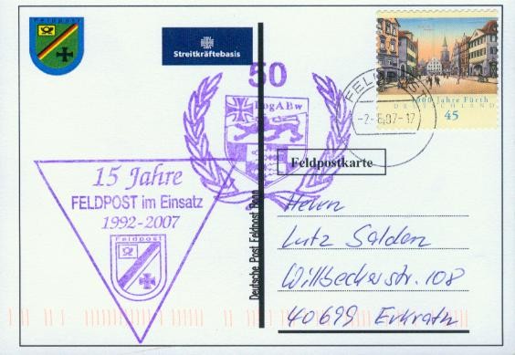 Motiv: Anschriftseite der Feldpostkarte Streitkräftebasis, Beschriftung "Deutsche Post Feldpost Bonn"