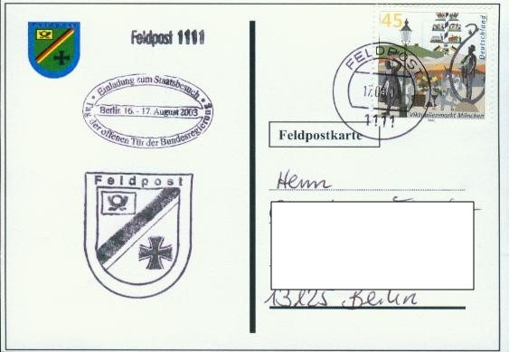 Motiv: weiße Karte, FpA  Berlin 2003 kleines Feldpostwappen und schwarze Umrandung