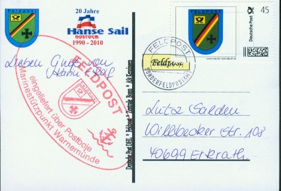 Motiv: Hanse Sail Rostock, Beschriftung "Deutsche Post DHL*Feldpost*Zentrale Bonn*ASt Kenzingen"