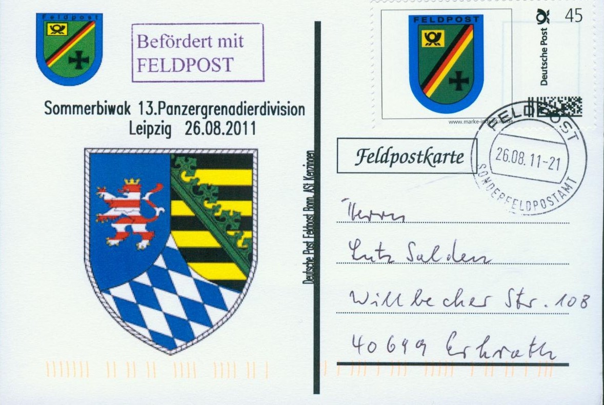 Motiv: Sommerbiwak Leipzig 2011,Wappen, Beschriftung "Deutsche Post Feldpost Bonn, ASt Kenzingen"