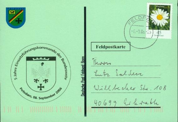 Motiv: 5 Jahre Einsatzführungskomando der Bundeswehr, Beschriftung "Deutsche Post Feldpost Bonn"