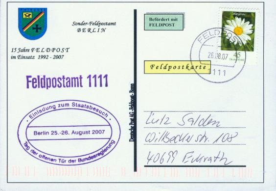 Motiv: Feldpostamt Berlin 2007, Beschrift- ung "Deutsche Post AG - Feldpost Bonn" Rückseite Wappen Berlin