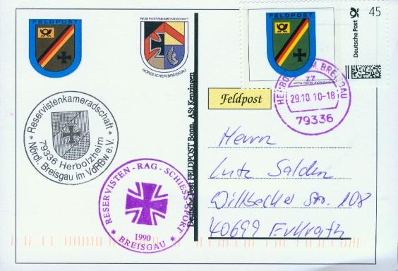 Motiv: Reservisten Kameradschaft Nördlicher Breisgau, Beschriftung "Deutsche Post  Feldpost Bonn  ASt Kenzingen", Rückseite weiß unbedruckt.