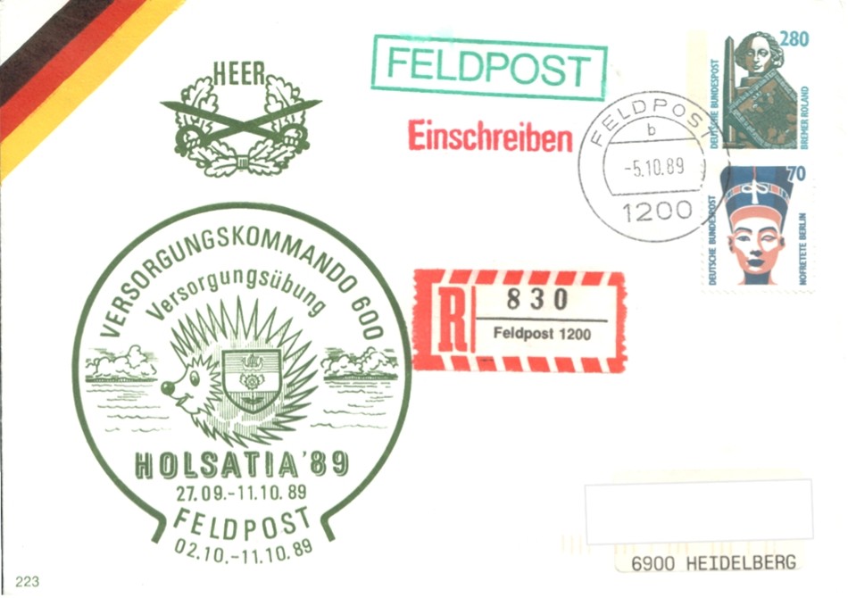 Brief mit eingedruckter Marke 280 Pf Bremer Roland und Marke 70 Pf Novretete Berlin
