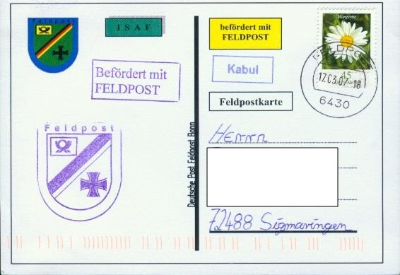 Motiv: ISAF, Beschriftung "Deutsche Post Feldpost Bonn"
