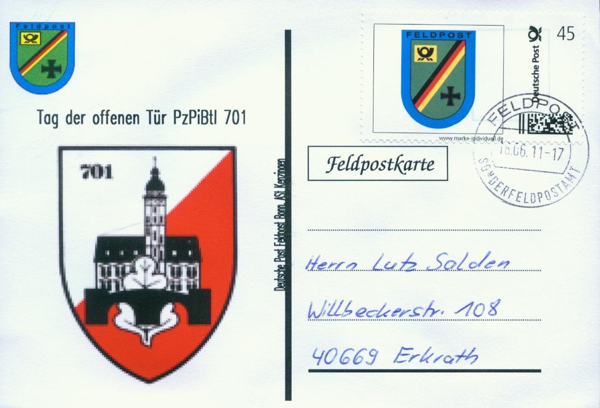 Motiv: T.d.o.T. PzBtl 701, Beschriftung "Deutsche Post Feldpost Bonn, ASt Kenzingen"