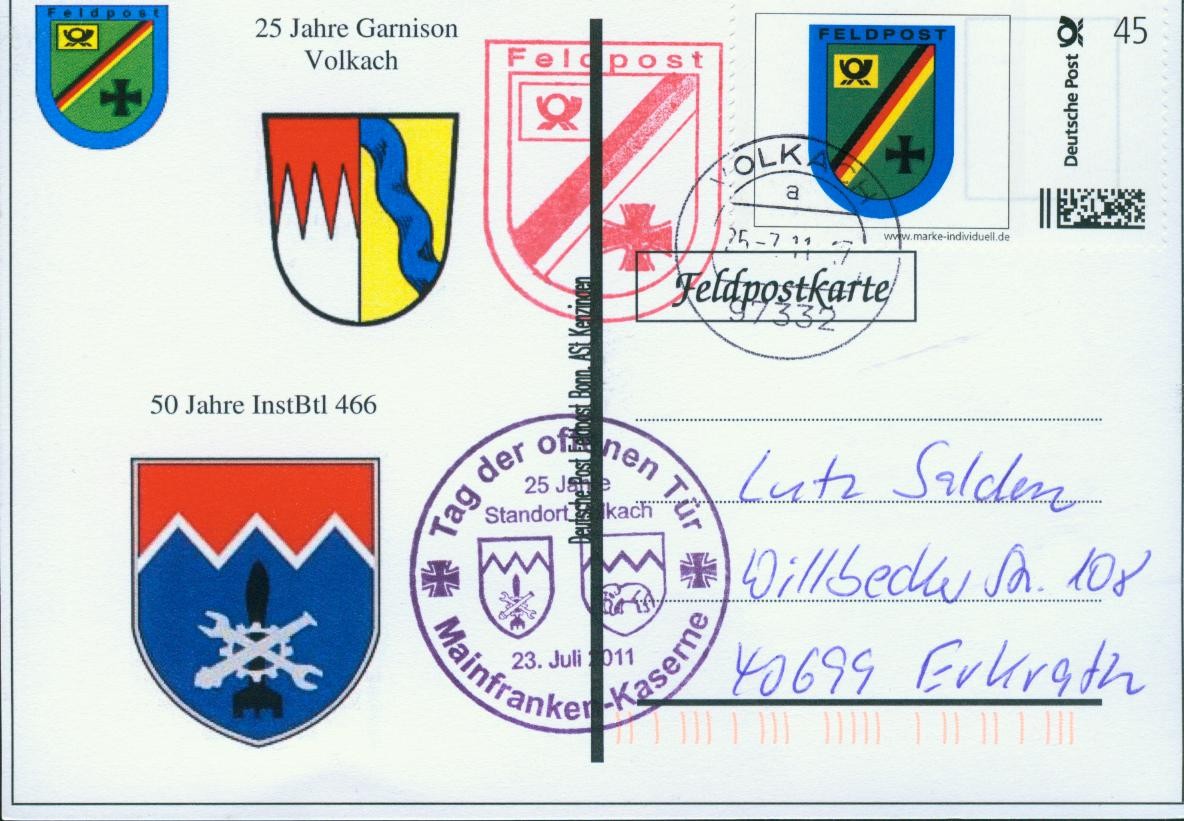 Motiv: T.d.o.T. Mainfran-ken-Kaserne 25 J. Garnison Volkach, Beschriftung "Deutsche Post Feldpost Bonn, ASt Kenzingen"