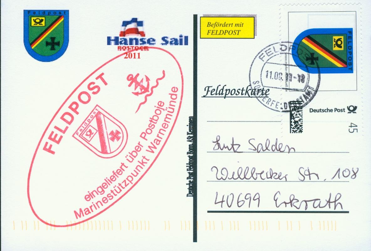 Motiv: Hanse Sail Rostock 2011, Beschriftung "Deutsche Post Feldpost Bonn, ASt Kenzingen"